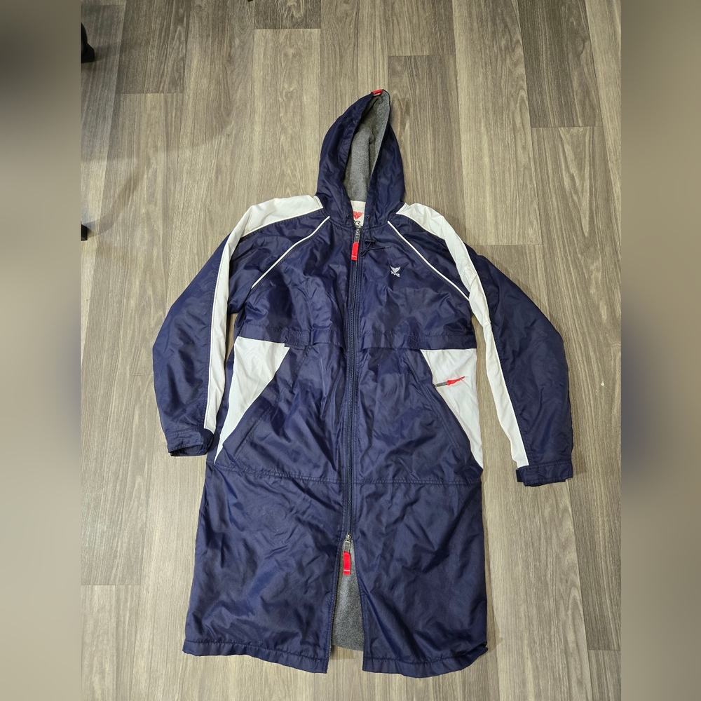 TYR Hooded Long Lined Swim Jacket Fleece Lined W/Hood Navy Coat Vented S adult